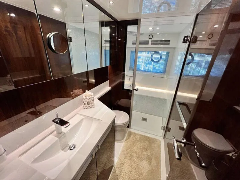 Slide: The Image of Luxurious bathroom in 2020 Fairline Squadron 68 yacht with modern fixtures and elegant design. - 49