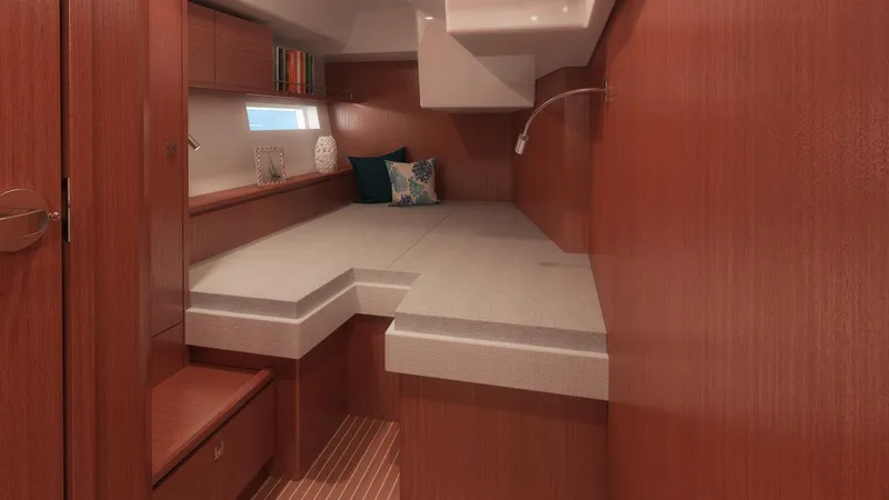Slide: The Image of Luxurious cabin interior of 2025 Bavaria C57 yacht with wooden finish and cozy bedding. - 10