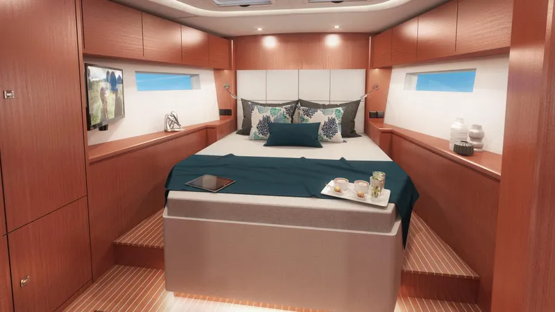 Slide: The Image of Luxurious interior of 2025 Bavaria C57 yacht with elegant bedding and modern decor. - 11