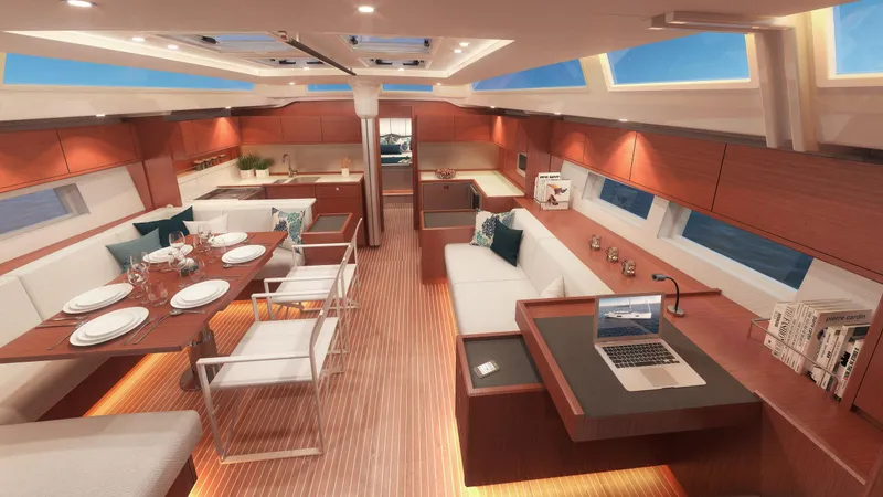 Slide: The Image of Luxurious interior of 2025 Bavaria C57 yacht with elegant dining and seating areas. - 13