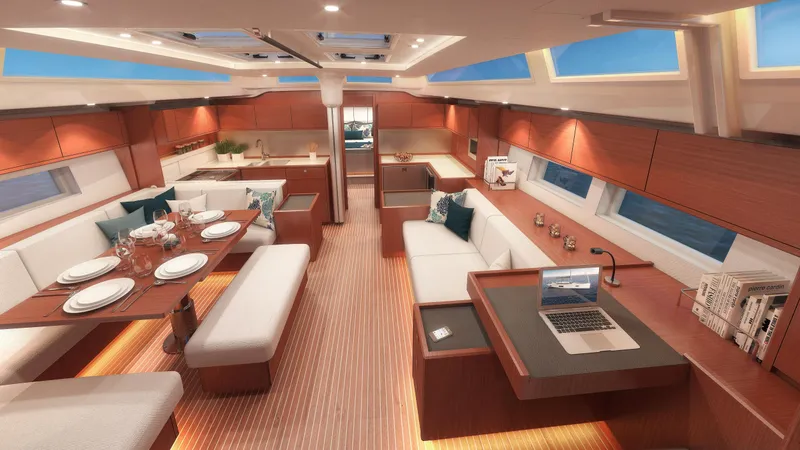 Slide: The Image of Luxurious interior of 2025 Bavaria C57 yacht with elegant dining and seating areas. - 14
