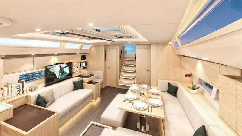 Slide: The Image of Luxurious interior of 2025 Bavaria C57 yacht with modern furnishings and dining area. - 15
