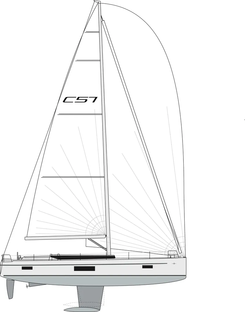 Slide: The Image of Line drawing of a 2025 Bavaria C57 sailboat, showcasing its sleek design and sails. - 7