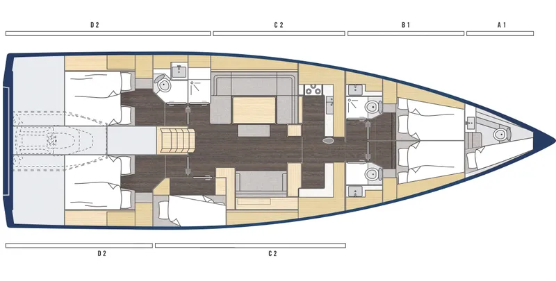 Slide: The Image of Floor plan of a 2025 Bavaria C57 yacht, featuring spacious cabins and modern amenities. - 8