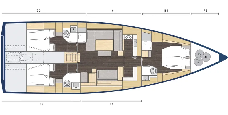 Slide: The Image of Floor plan of a 2025 Bavaria C57 yacht, featuring spacious cabins and modern amenities. - 9
