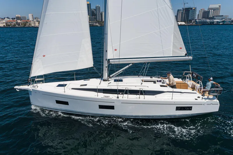 Slide: The Image of 2024 Bavaria C42 sailboat cruising on blue water near city skyline. - 4