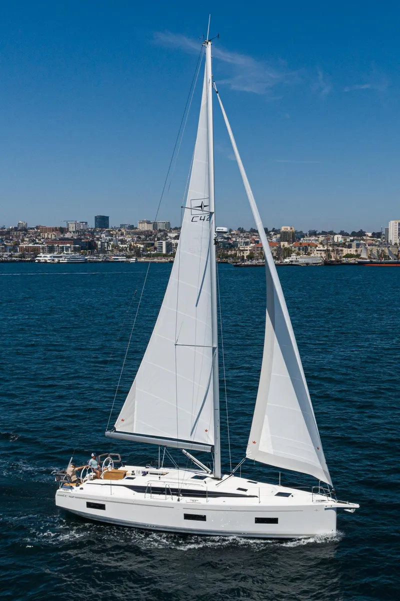 Slide: The Image of 2024 Bavaria C42 sailboat cruising on open water with city skyline in background. - 5