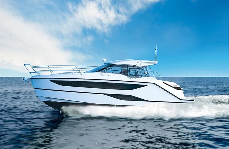 Slide: The Image of 2025 Bavaria SR33 yacht cruising on open water under a clear blue sky. - 13