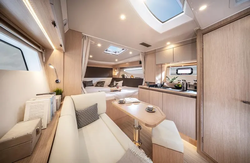 Slide: The Image of Luxurious interior of 2025 Bavaria SR33 yacht with modern furnishings and elegant design. - 16