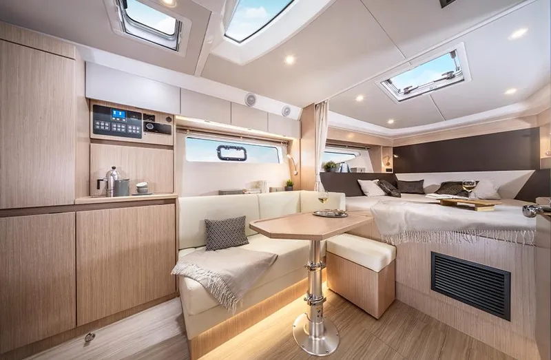 Slide: The Image of Luxurious interior of 2025 Bavaria SR33 yacht with modern amenities and elegant design. - 19
