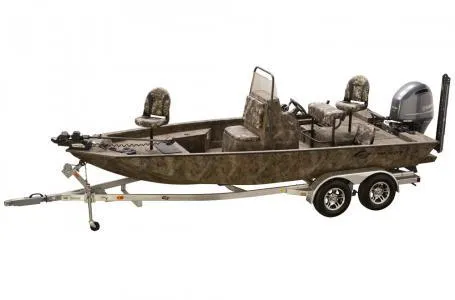 Slide: The Image of 2019 G3 Bay 20 DLX Camo boat on trailer, featuring camouflage design and dual seats. - 13
