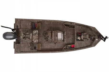 Slide: The Image of 2019 G3 Bay 20 DLX Camo boat, top view, featuring camouflage design and outboard motor. - 14