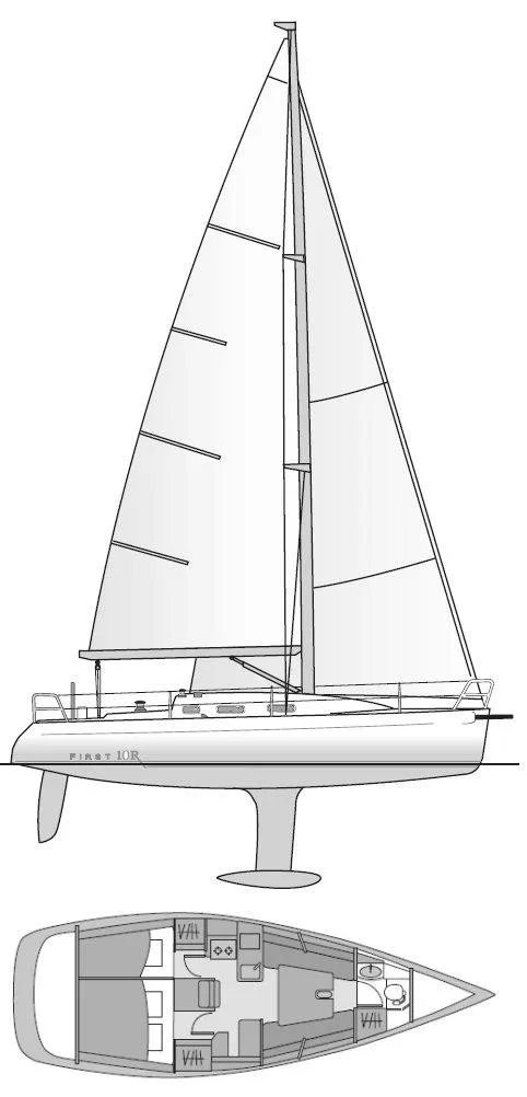 Slide: The Image of Diagram of a 2007 Beneteau First 10R sailboat, showcasing side and top views. - 12