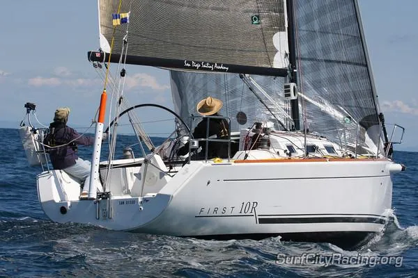 Slide: The Image of 2007 Beneteau First 10R sailboat on open water, crewed, with visible sails and branding. - 3