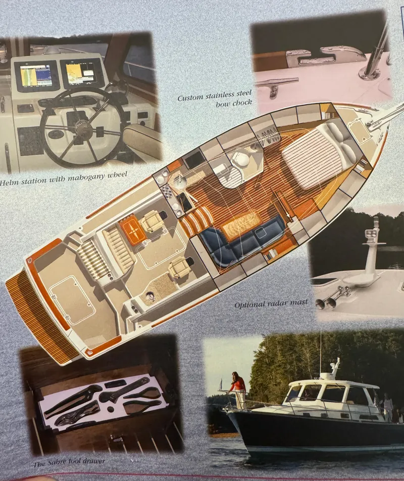 Slide: The Image of 2008 Sabre 38 Hardtop Express yacht layout with helm station and exterior views. - 19