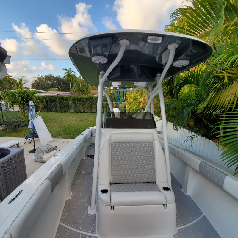 Slide: The Image of 1976 Formula 233 boat with T-top and seating, set in a lush backyard. - 10