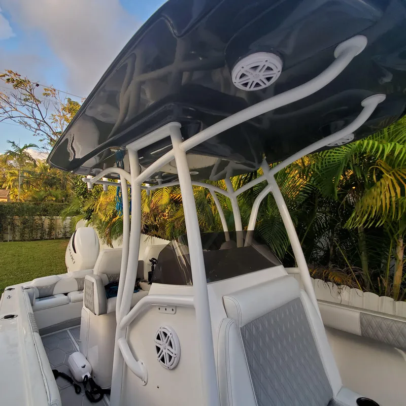 Slide: The Image of 1976 Formula 233 boat with T-top and speakers, surrounded by lush greenery. - 12