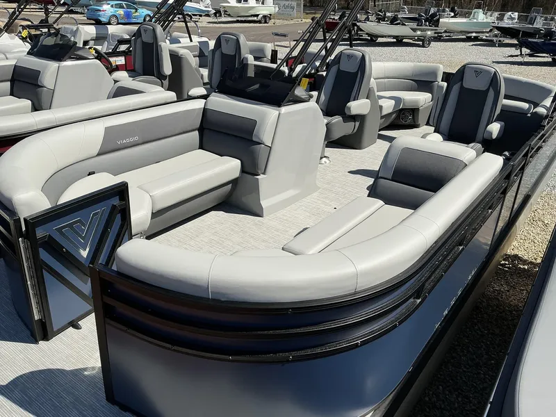Slide: The Image of 2025 Viaggio Lago V 22U pontoon boat with luxurious seating and modern design. - 3