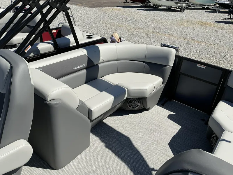 Slide: The Image of 2025 Viaggio Lago V 22U boat interior with gray seating and modern design. - 5