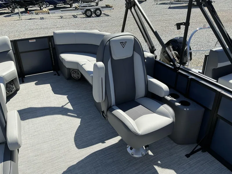 Slide: The Image of 2025 Viaggio Lago V 22U boat interior with gray seating and modern design. - 7