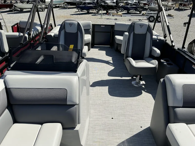 Slide: The Image of Interior of 2025 Viaggio Lago V 22U pontoon boat with gray seating and modern design. - 8