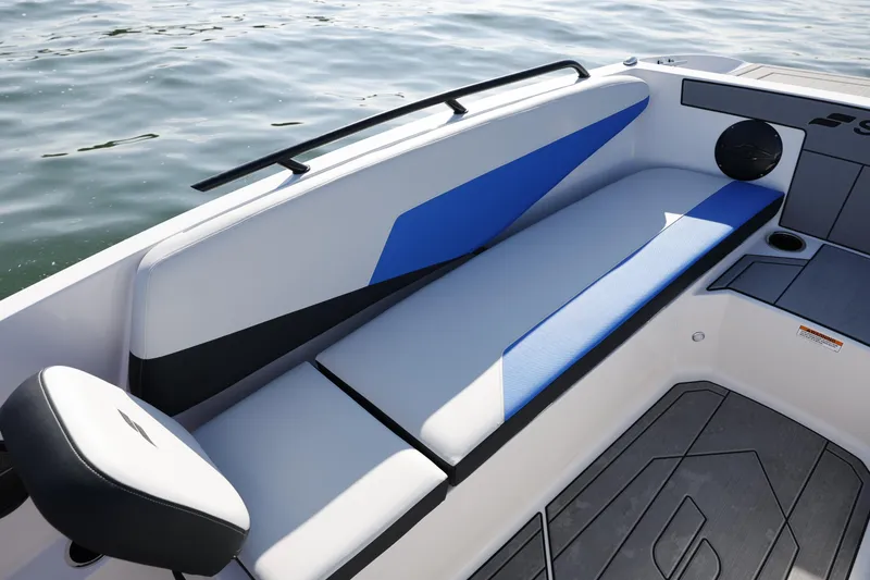 Slide: The Image of 2025 Starcraft SV 16 OB boat interior with modern seating and sleek design. - 11