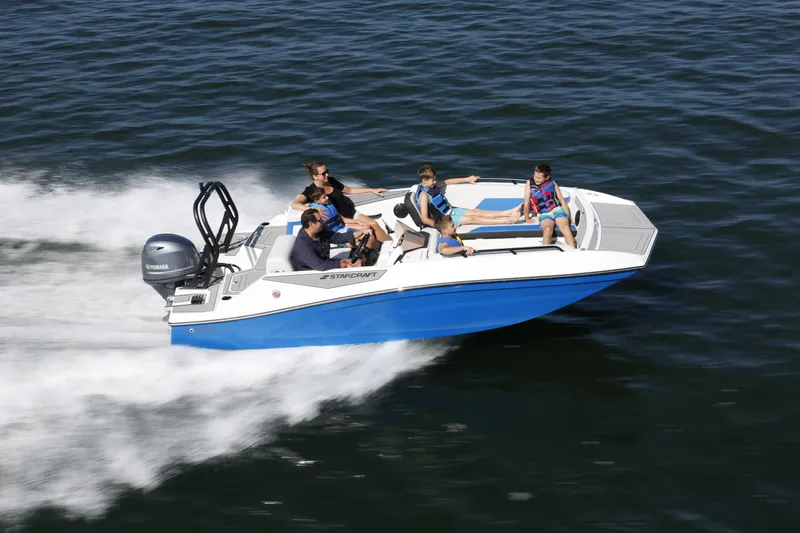 Slide: The Image of 2025 Starcraft SV 16 OB boat cruising on water with passengers enjoying the ride. - 14