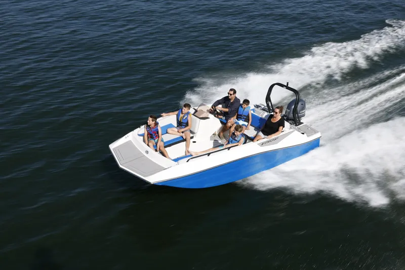 Slide: The Image of 2025 Starcraft SV 16 OB boat cruising on water with passengers enjoying the ride. - 18