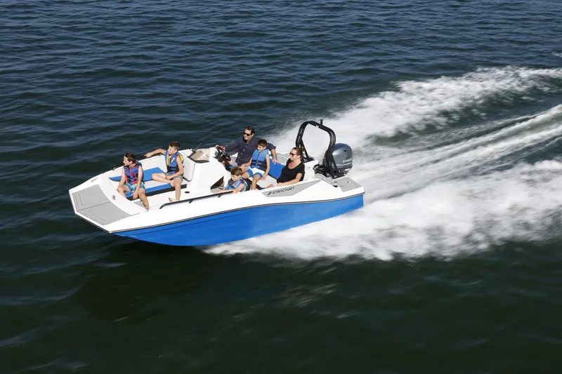 Slide: The Image of 2025 Starcraft SV 16 OB boat cruising on water with passengers enjoying the ride. - 22