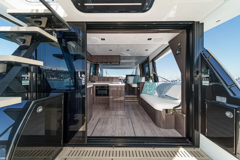Slide: The Image of Luxurious interior of 2025 Galeon 500 Fly yacht, featuring modern design and spacious seating. - 30