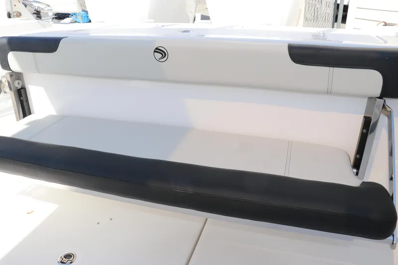 Slide: The Image of Open storage compartment in 2025 Edgewater 325CC boat, featuring hydraulic struts. - 10
