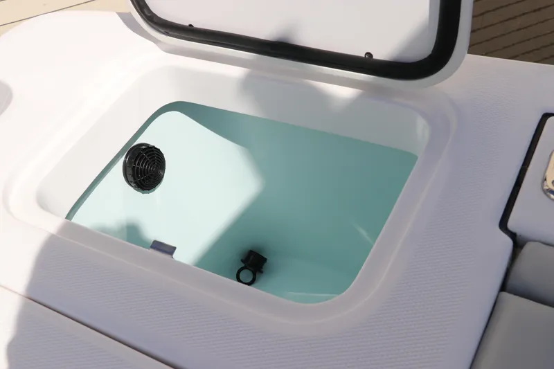 Slide: The Image of 2025 Edgewater 325CC boat hatch with stainless steel hinges and latch. - 14