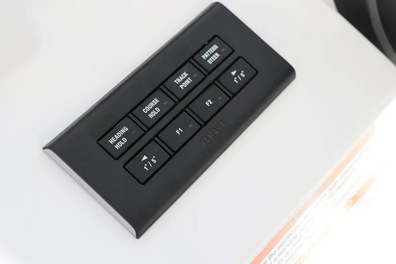 Slide: The Image of Dashboard of 2025 Edgewater 325CC boat with dual Garmin screens and compass. - 42