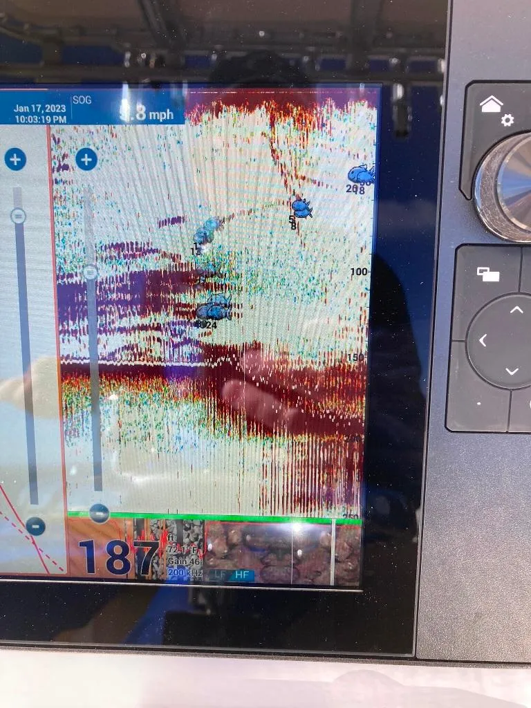 Slide: The Image of Sonar display on Prowler 25 boat, 2023 model, showing underwater terrain and speed. - 26