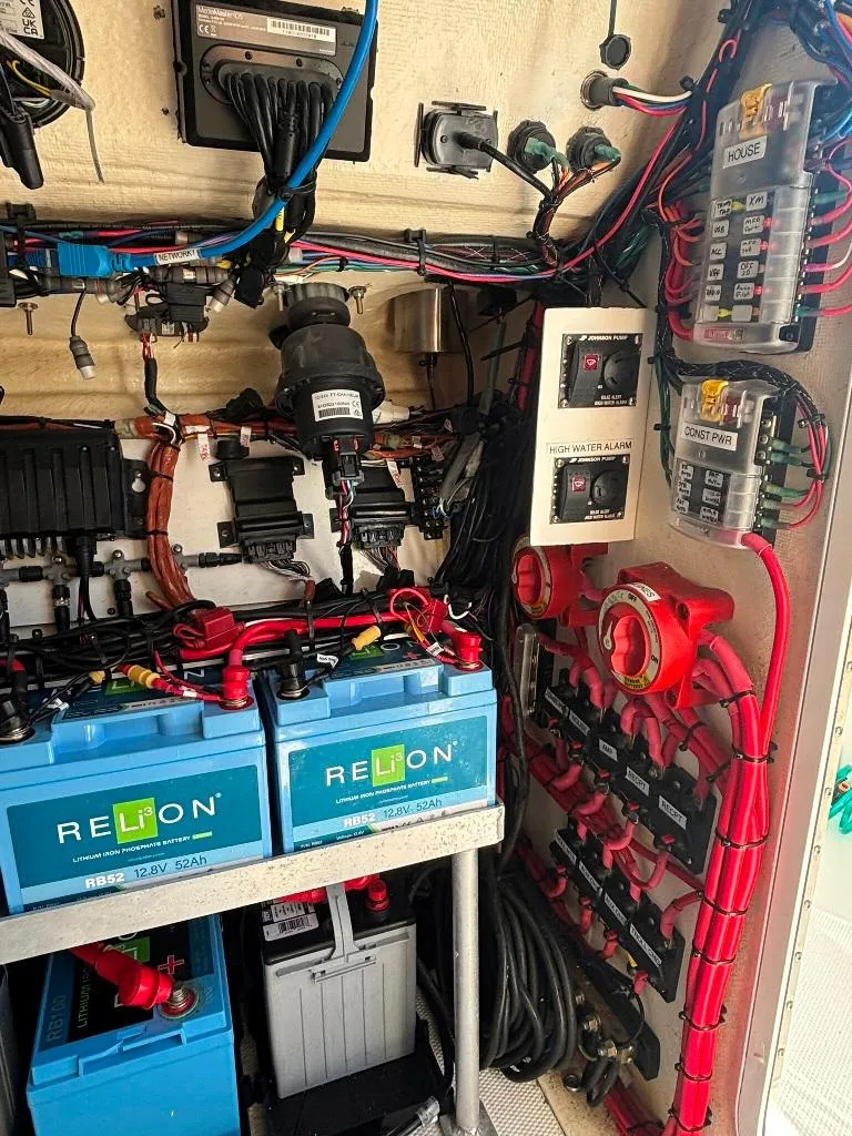 Slide: The Image of Electrical system setup in a 2023 Prowler 25, featuring RELiON batteries and organized wiring. - 29