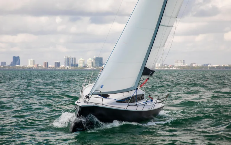 Slide: The Image of Sailing yacht Maxus 26 (2025) on open water with city skyline in background. - 4