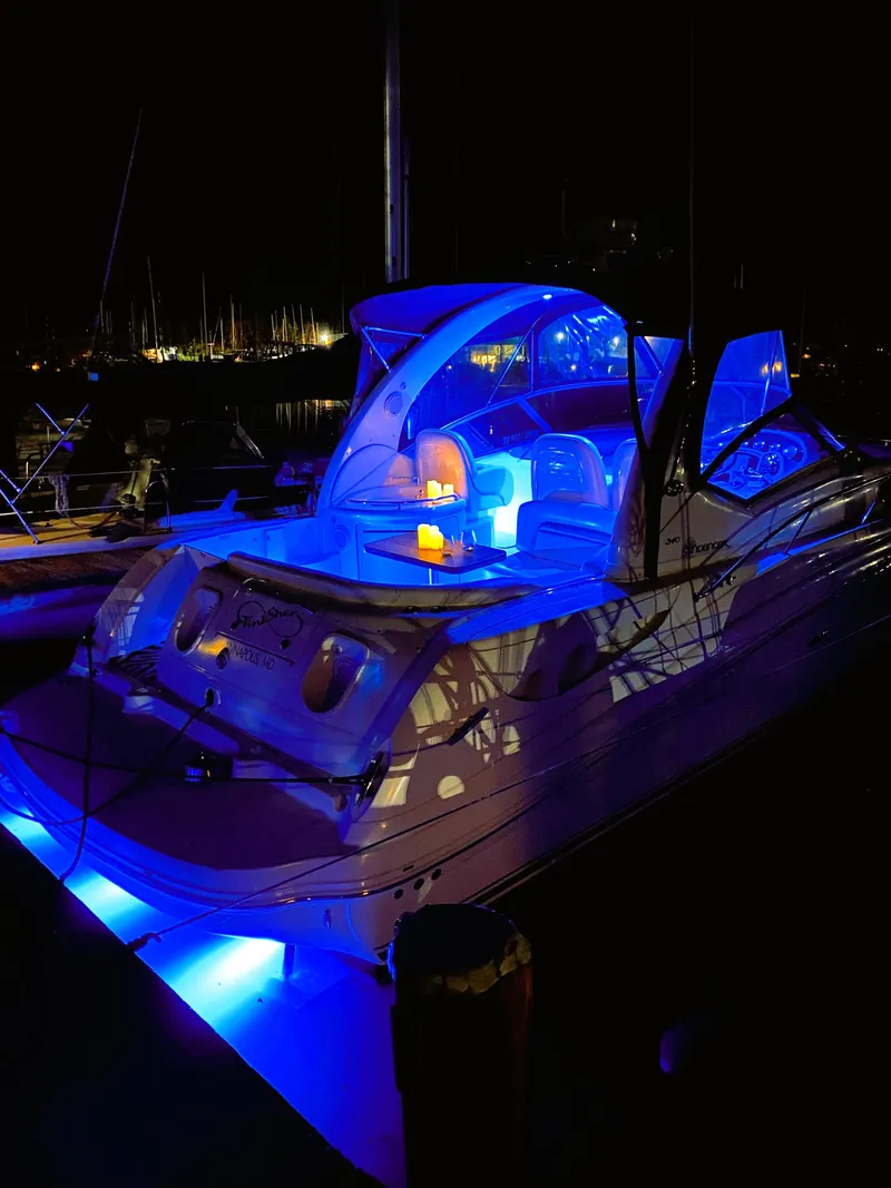 Slide: The Image of 2007 Sea Ray 340 Sundancer yacht illuminated with blue lights at night. - 5