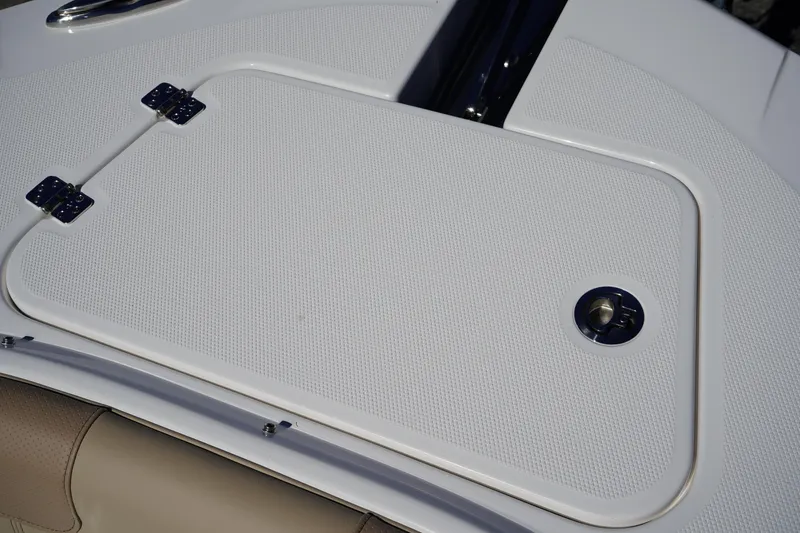 Slide: The Image of 2025 Edgewater 248 CX storage compartment, open and empty, showcasing spacious interior design. - 44