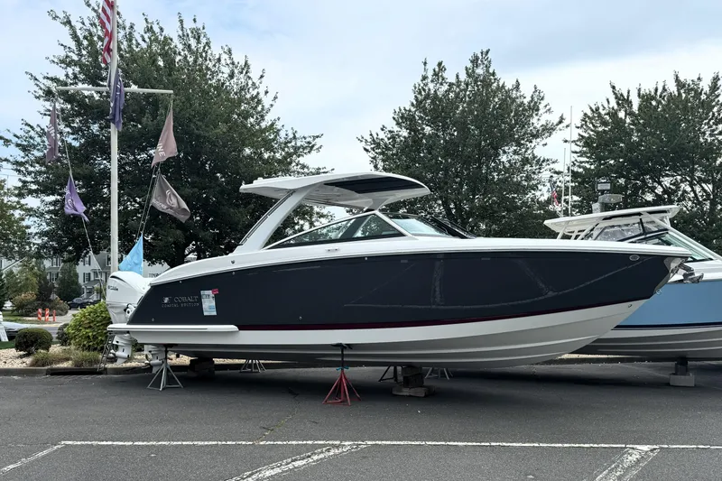 The Image of 2025 Cobalt R33 OB boat displayed outdoors with flags and trees in the background. - 0
