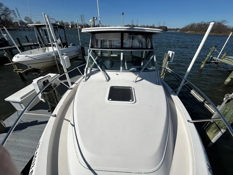 Slide: The Image of 1997 Pro-Line 2810 Walkaround boat docked by the water on a sunny day. - 32