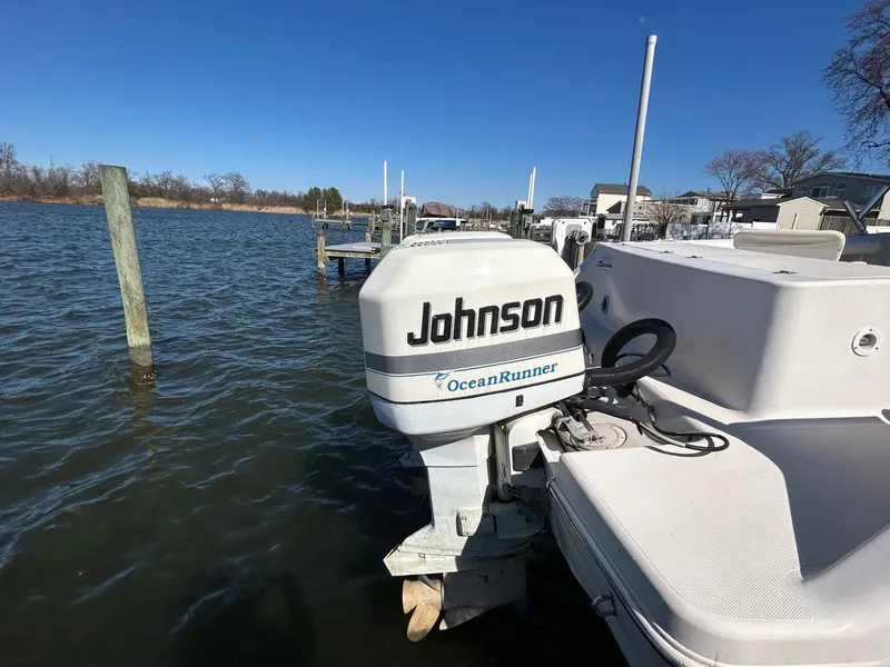 Slide: The Image of 1997 Pro-Line 2810 Walkaround with Johnson OceanRunner outboard motor docked by the water. - 5