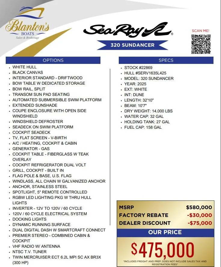 Slide: The Image of 2025 Sea Ray Sundancer 320 boat features, specs, and pricing details from Blanton's Boats. - 36