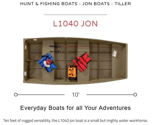 Slide: The Image of 2024 Lowe L1040 Jon boat, 10-foot versatile fishing and hunting vessel with gear and life jackets. - 2