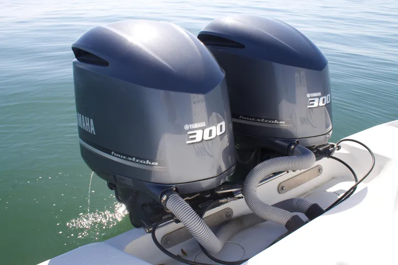 Slide: The Image of Twin Yamaha 300 outboard engines on a 2014 Yellowfin 32 Offshore boat. - 42