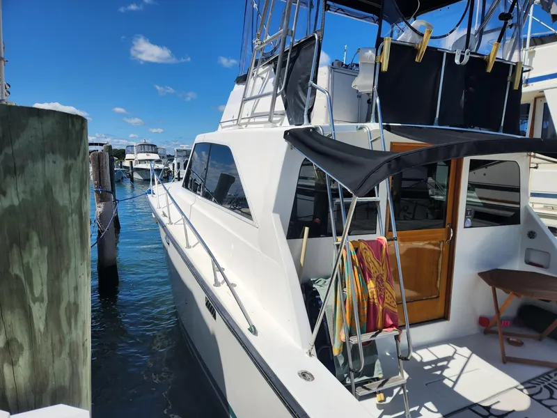 Slide: The Image of 1977 Pacemaker 40 Sportfisherman docked, featuring sleek design and spacious deck. - 3