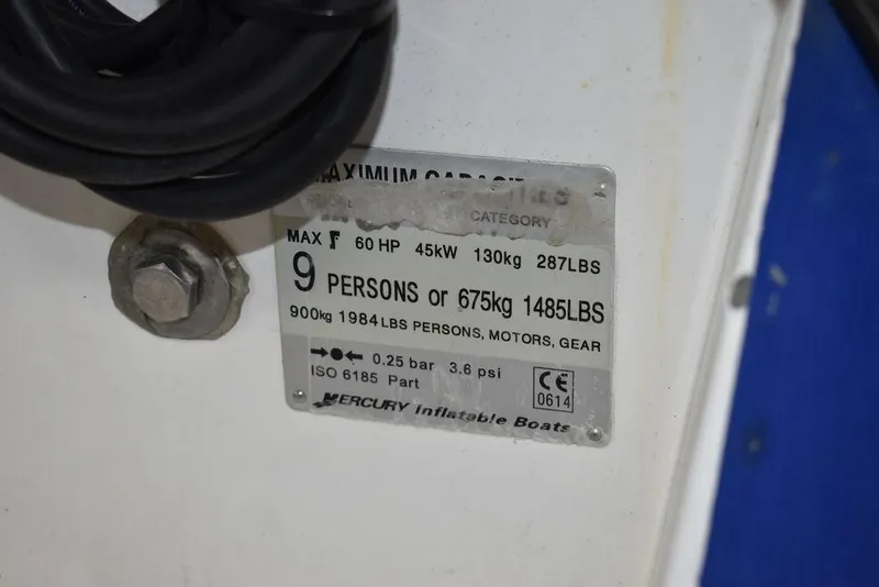 Slide: The Image of 2018 Mercury 460 Ocean Runner Rib Inflatable capacity plate, 9 persons, 675kg max load. - 21