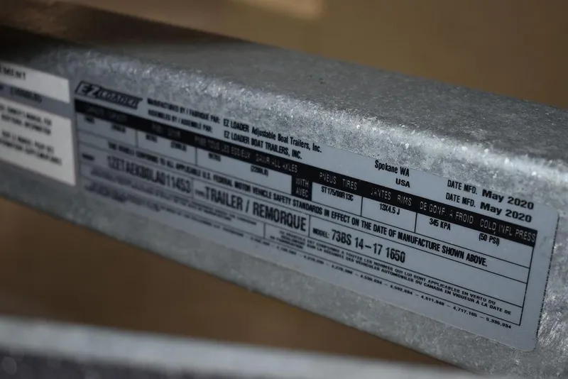 Slide: The Image of Label on a 2018 Mercury 460 Ocean Runner Rib Inflatable trailer, manufactured May 2020. - 30