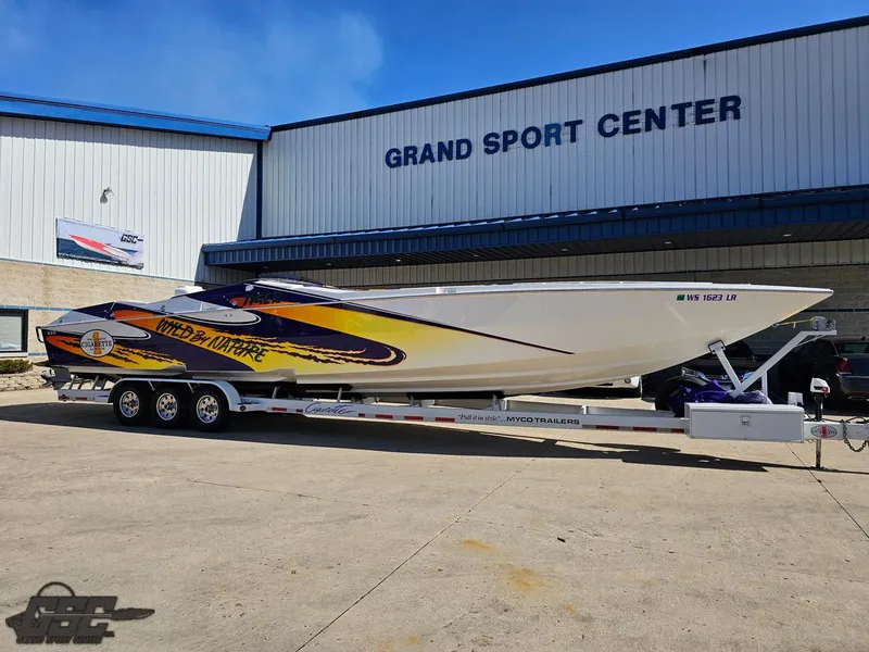 Slide: The Image of 2003 Cigarette 42 Tiger boat on trailer at Grand Sport Center. - 13