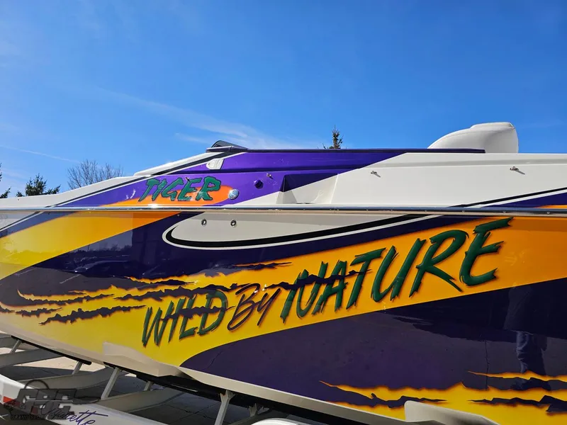 Slide: The Image of 2003 Cigarette 42 Tiger boat with vibrant graphics and "Wired by Nature" text. - 33