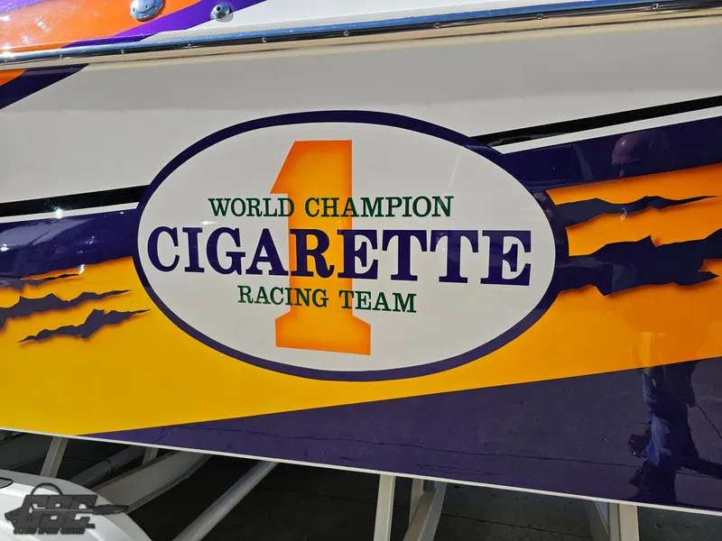 Slide: The Image of World Champion Cigarette Racing Team logo on 2003 Cigarette 42 Tiger boat. - 35